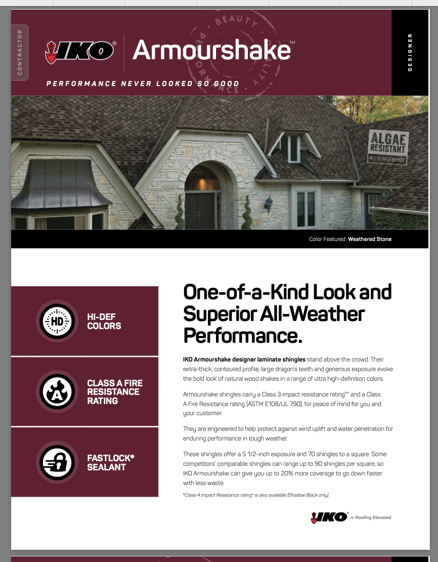 Discover the exceptional IKO Armourshake shingles with algae resistance, vibrant high-definition colors, and Class A fire resistance. Featuring Fastlock sealant, these shingles ensure a secure fit. Complement your roof with energy-efficient solutions by pairing them with IKO Ener-Air products.