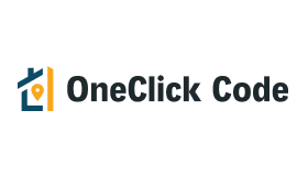 Logo of OneClick Code with a stylized house icon on the left and the company name in black text on the right.