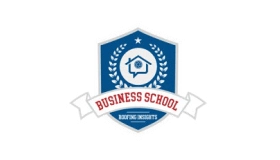 Blue and white shield with a book, graduation cap, and laurel wreath emblem. Banner reads 