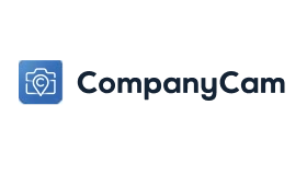 Logo of CompanyCam with a blue icon featuring a camera and location pin, followed by the company name in navy text.