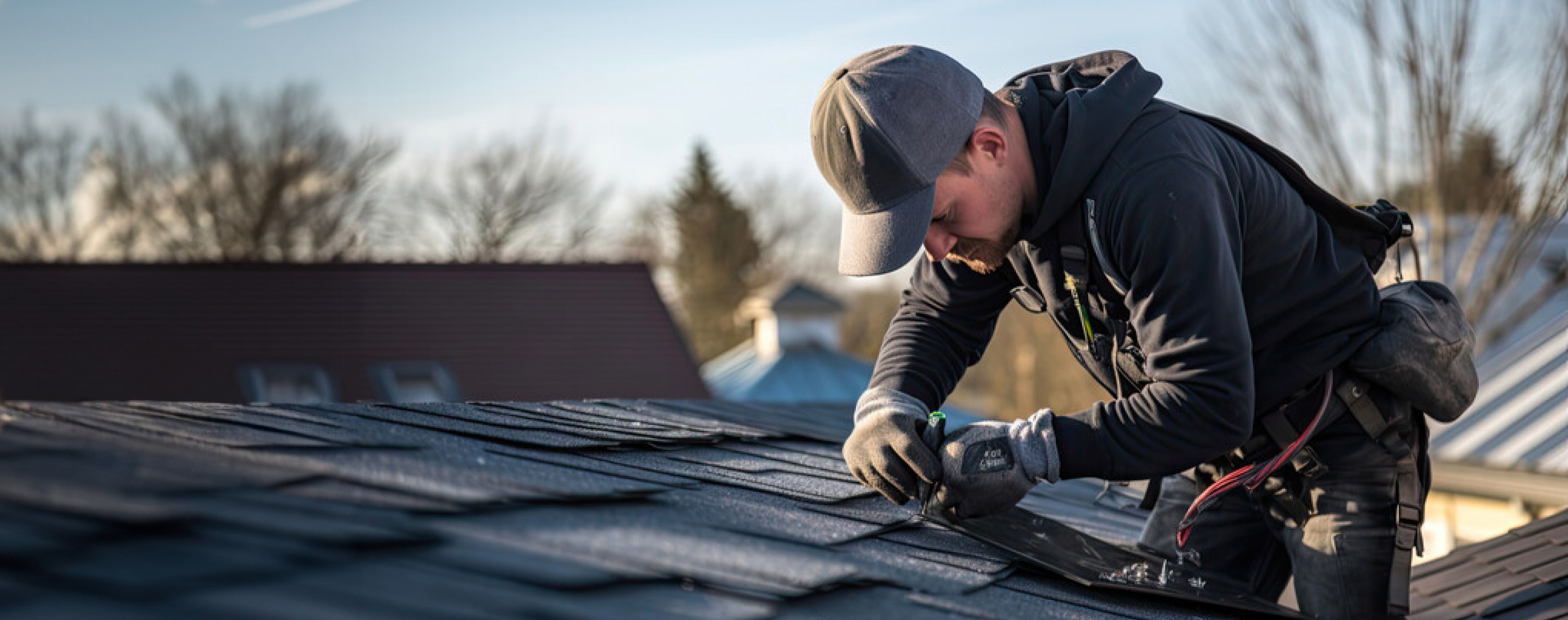 Person wearing a cap and gloves working on roof shingles outside, surrounded by trees and buildings in the background.