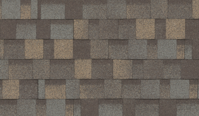 Close-up of a roof with asphalt shingles in a mix of brown, gray, and beige tones, arranged in an overlapping pattern that serves as the cornerstone of this home’s enduring dynasty.