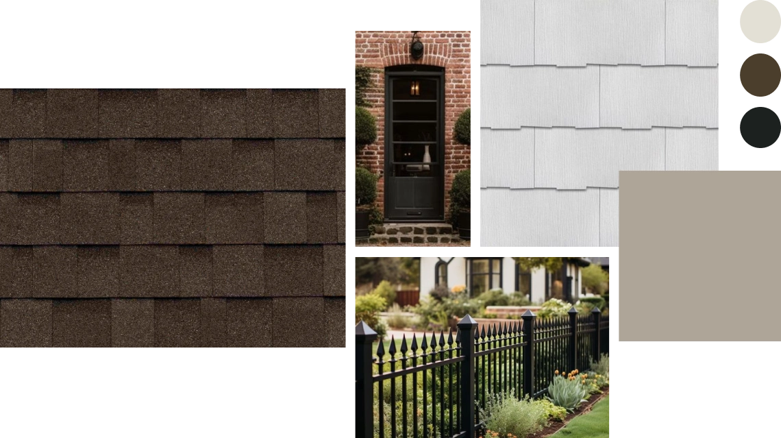 Exterior design inspiration collage featuring brown shingles, a brick facade with a black door, white siding, a beige swatch, and a black metal fence with landscaping. Color palette included.
