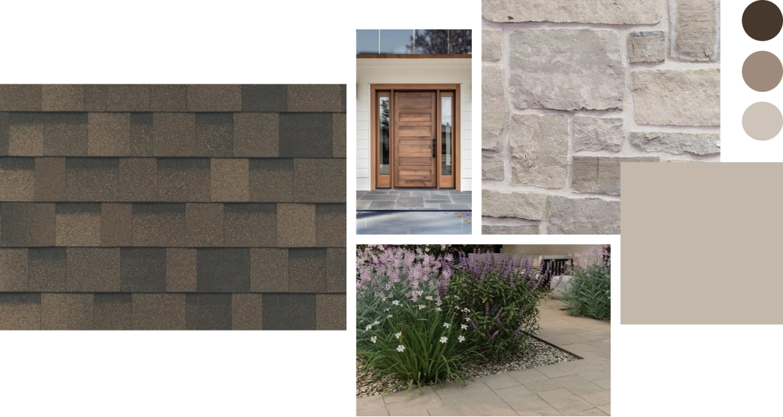 Collage of home exterior design elements: brown roof shingles, wooden door, stone wall, and flower-lined pathway. Includes three small color swatches for inspiration: dark brown, tan, and light beige.