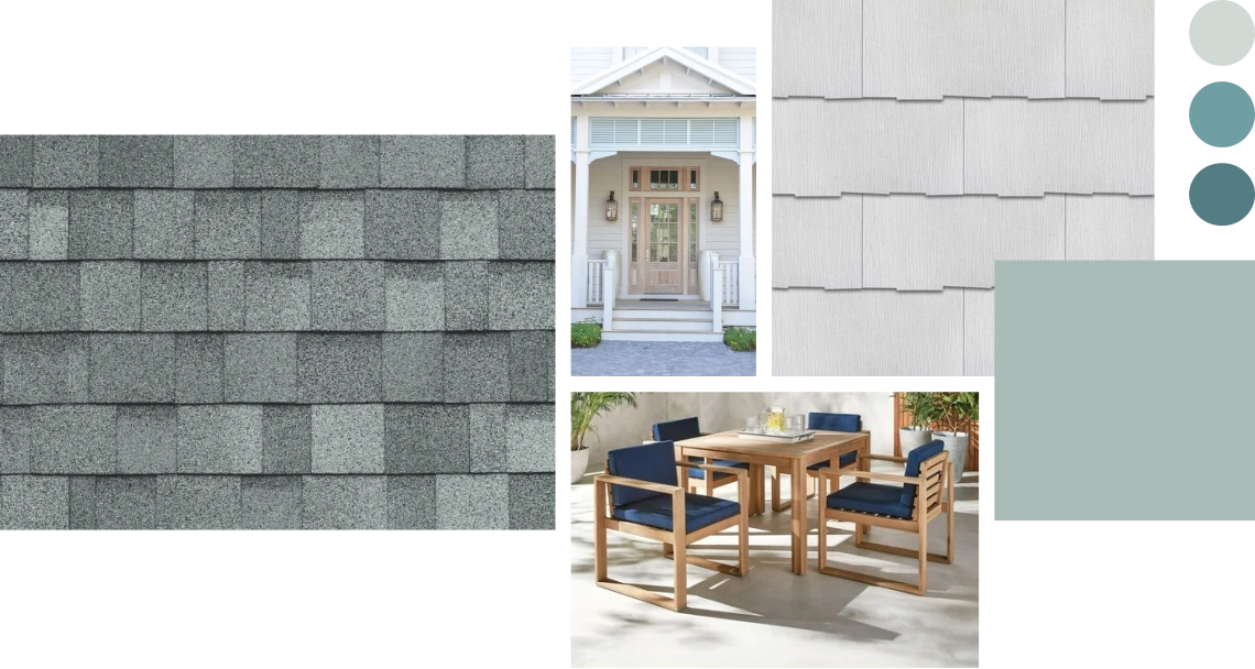 Collage offering design inspiration with gray shingles, a welcoming front porch, horizontal siding, three paint swatches, and a wooden outdoor dining set adorned with navy cushions.