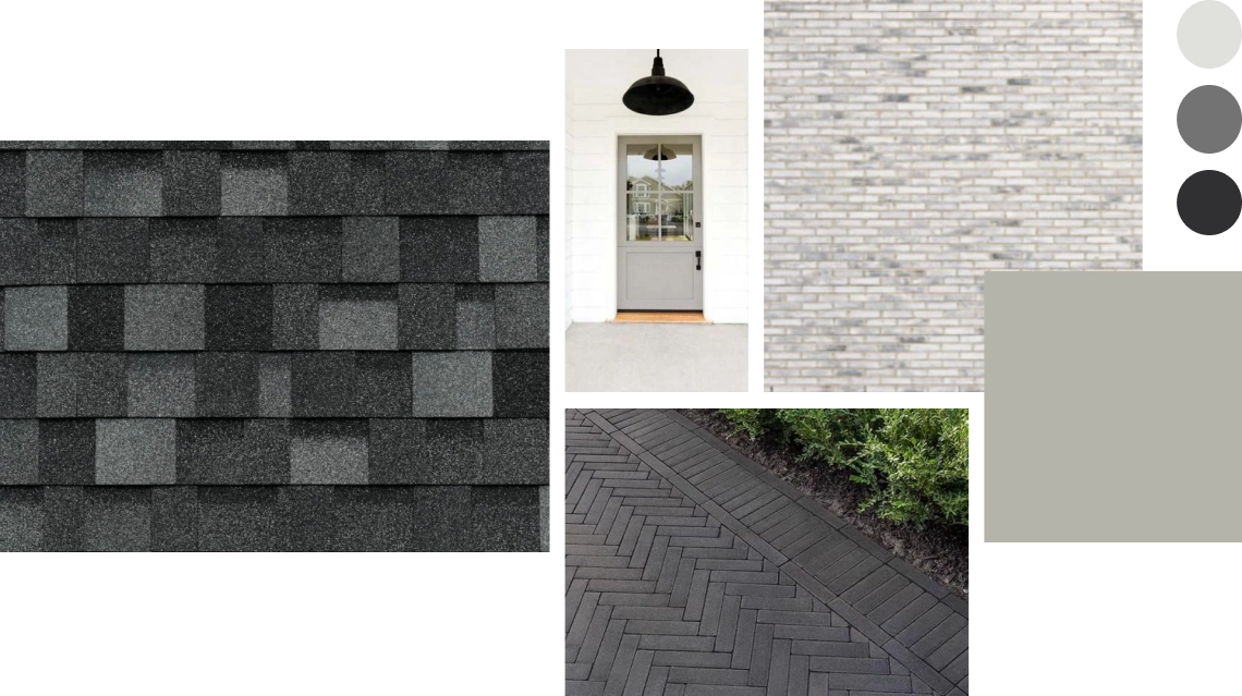 A collage offering design inspiration, featuring dark roof shingles, a gray brick wall, a light gray door, black herringbone paving, color swatches, and a white wall highlighted by a sleek black light fixture.