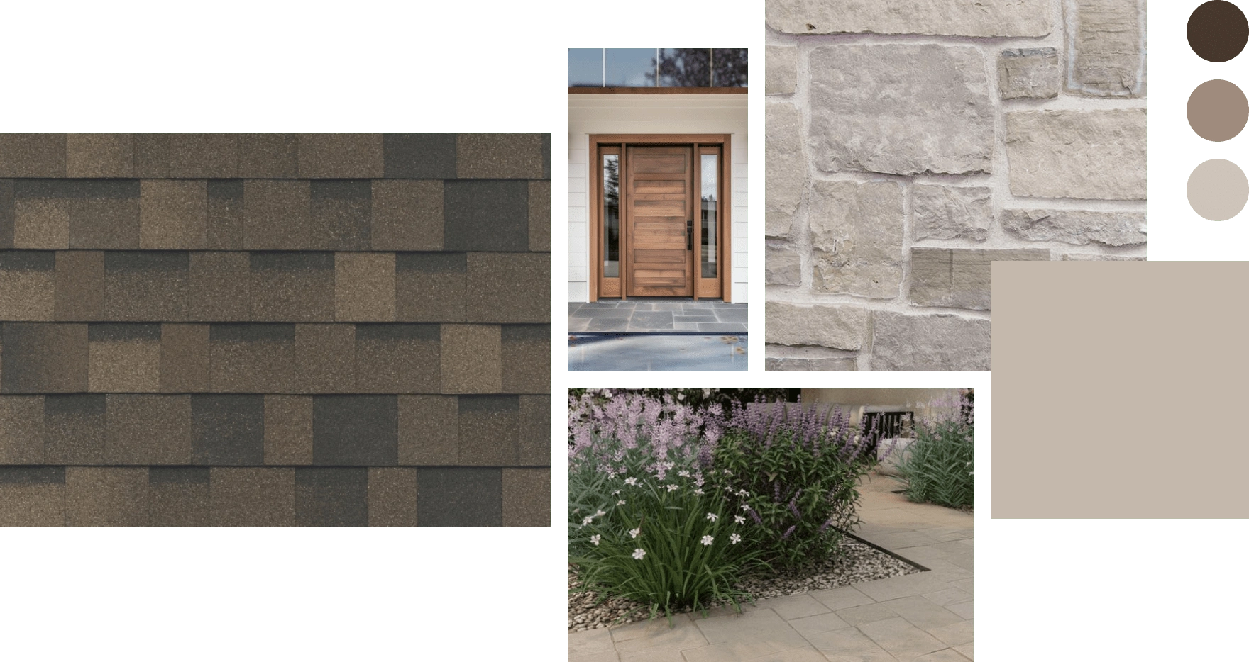 Collage showing brown roof shingles, stone texture, wooden double doors, and a path lined with purple flowers. Includes color palette on the right with shades of brown and cream.