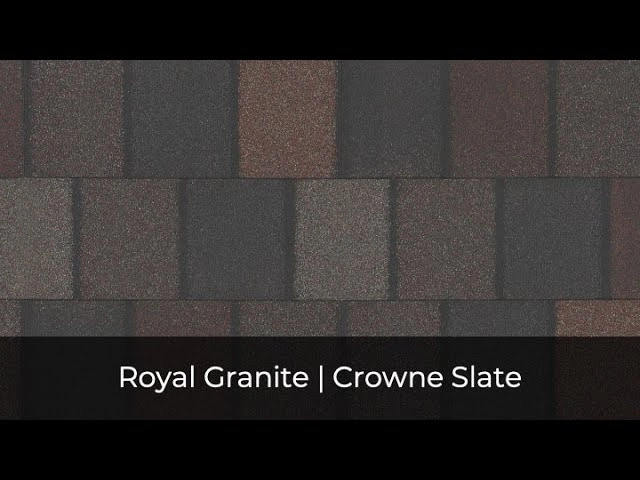 Roof shingles in alternating shades of dark gray and brown with text at the bottom: "Royal Granite | Crowne Slate." Discover elegance with IKO Roof Shingle Colors.