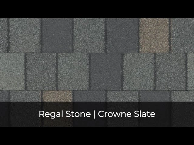 Rectangular roofing tiles with a textured surface in varying shades of gray and brown showcase the IKO Roof Shingle Colors. Text at the bottom reads, "Regal Stone | Crowne Slate.