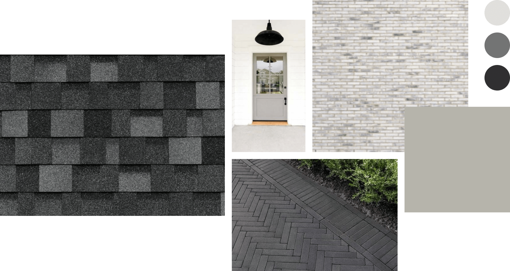 Collage of building materials: dark shingles, gray bricks, gray-white door with black light above, herringbone pavers, and color swatches in white, gray, and taupe.