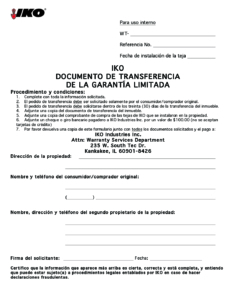 Formulario de aplicación para E.E.U.U. de la Garantía Limitada de IKO | Documento de Transferencia
