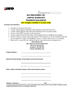 Canada Application Form | Warranty Transfer Document