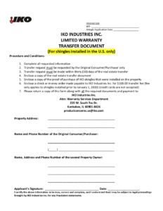 U.S. Application Form | Warranty Transfer Document